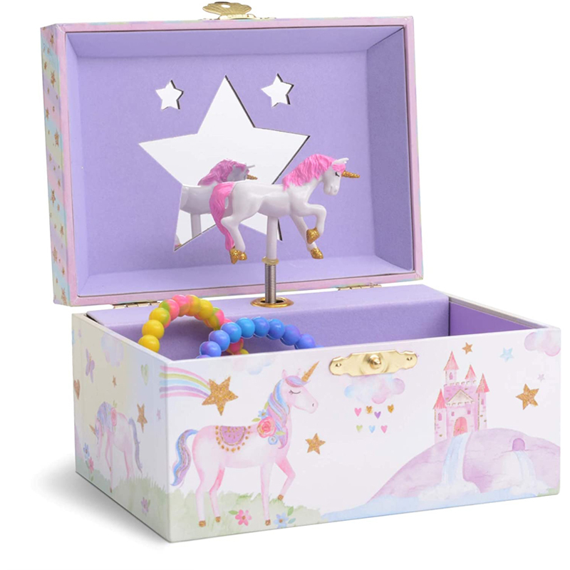 Jewelry Organizer Musical Box with Spinning Unicorn, Glitter Rainbow And Stars Design