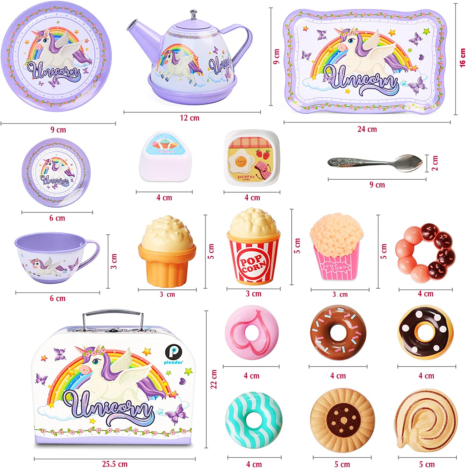 Tin Tea Party Set for Little Girls, Unicorn Party Toys Teapot Set with Storage Case And Accessories Plates, Pretend Kitchen Play Princess Age 3 4 5 6 7 8(Purple)