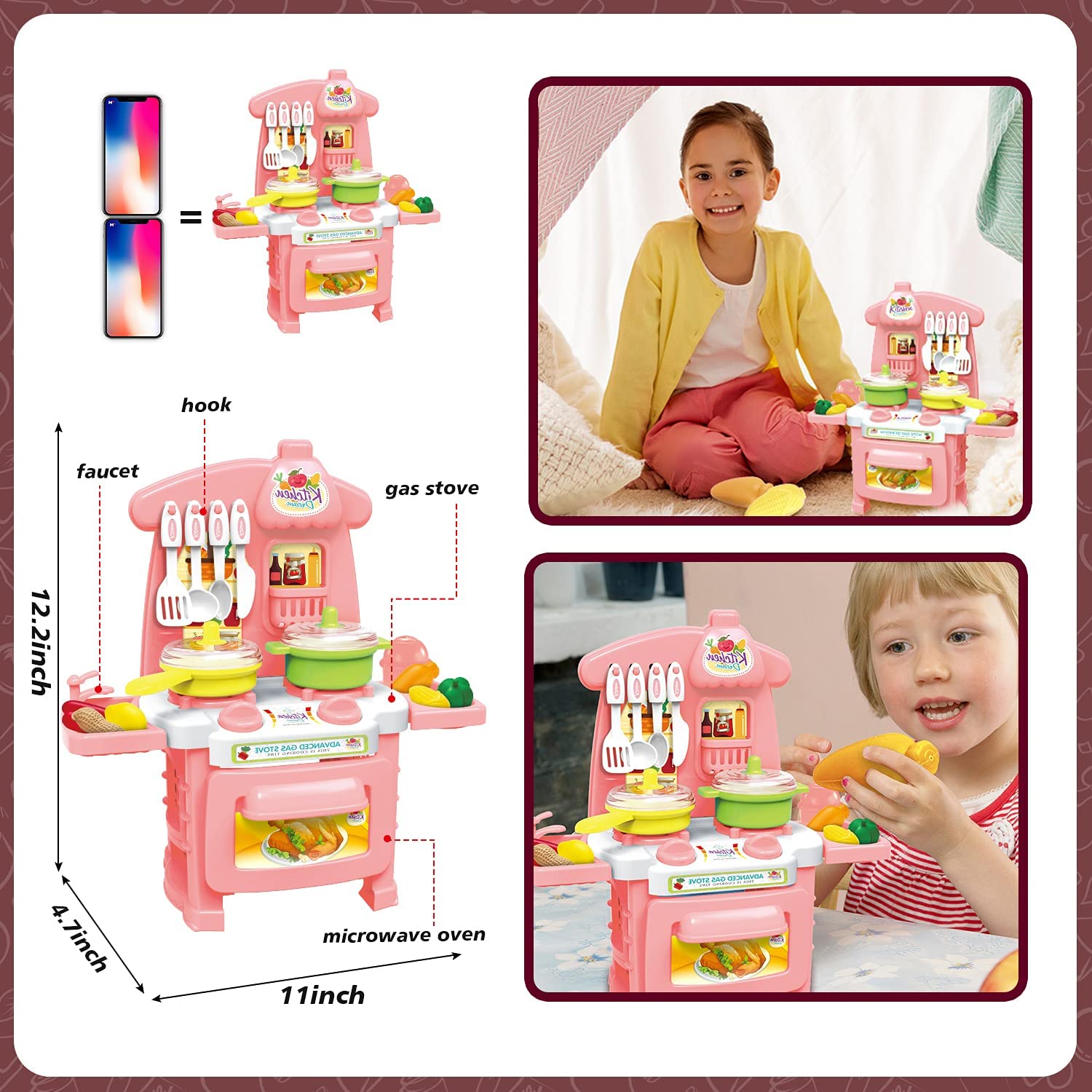Milestar Little Kitchen Playset for Kids Pink Toddler Kitchen Pretend Play Toys Kitchen Accessories Set(Mini Size)