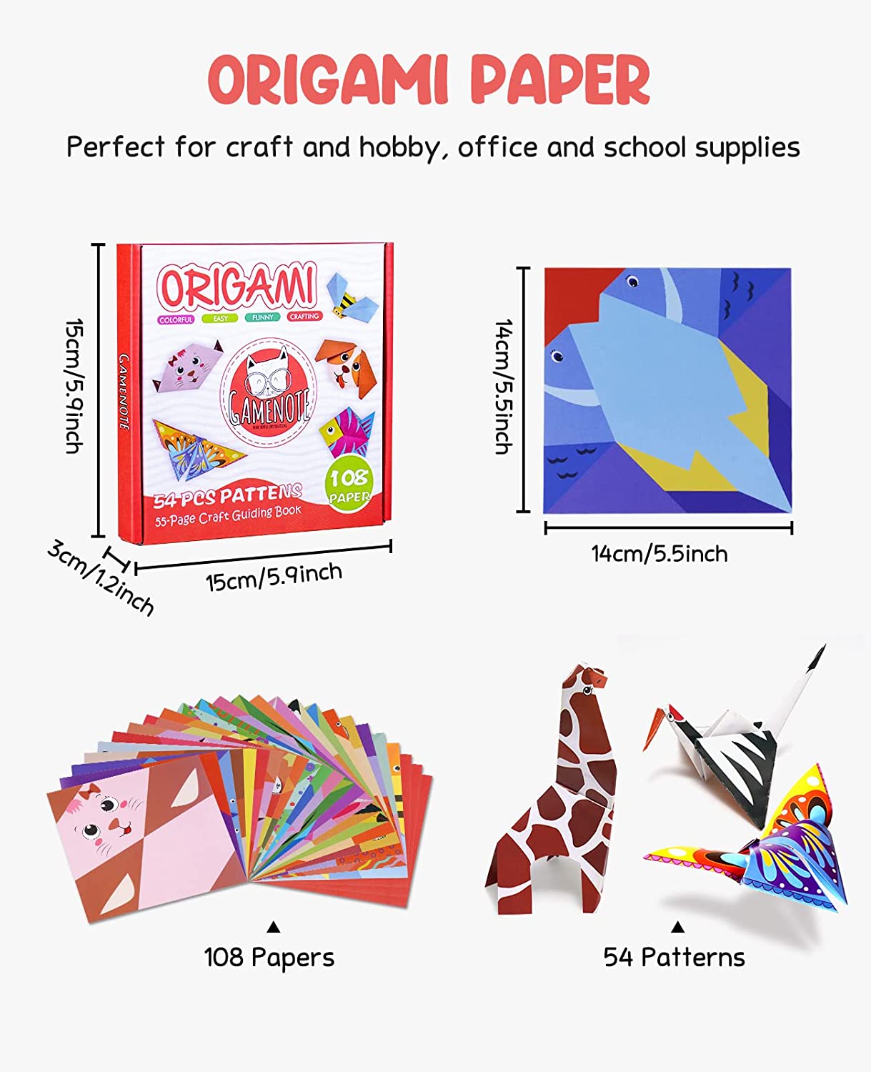 Colorful Kids Kit 108 Double Sided Vivid Origami Paper 12 Sheets 