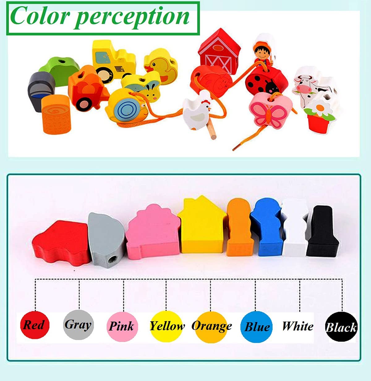 Farm Toy Wooden Block Set, Early Educational Toys String & Lacing Beads Games for Toddlers Kids Farm Animal Learning Play Set